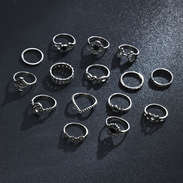 Black Rhinstone Crystal Finger Ring Set, Women's Jewelry