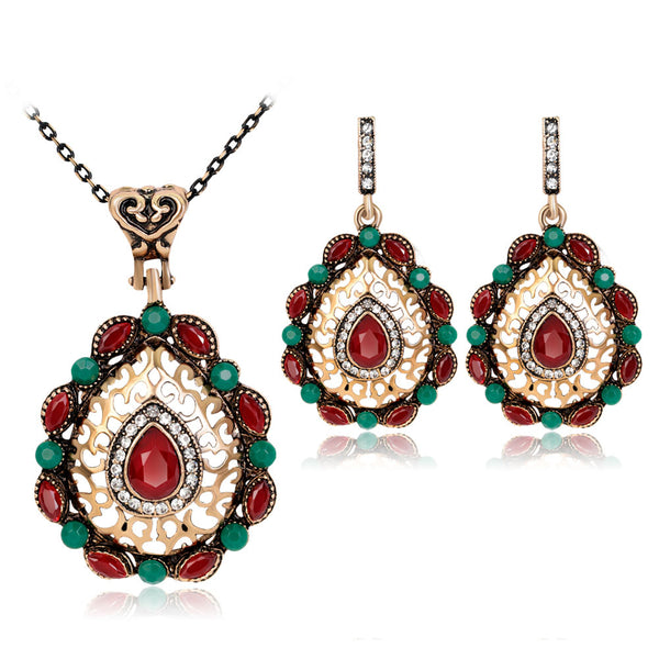 Boho Colorful Rhinestone Pendant Necklace Earrings Set, Women's Jewelry