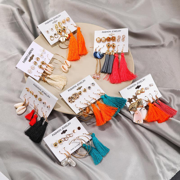 Boho Colorful Big Drop Earring Set, Women's Jewelry