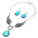 Lady Boho Vintage Wings Teardrop Charm Earrings Necklace Set, Women's Jewelry