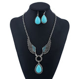 Lady Boho Vintage Wings Teardrop Charm Earrings Necklace Set, Women's Jewelry